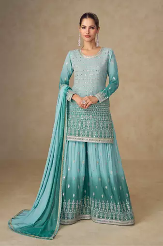 Sky blue georgette embroidered sequins mirror work palazzo suit