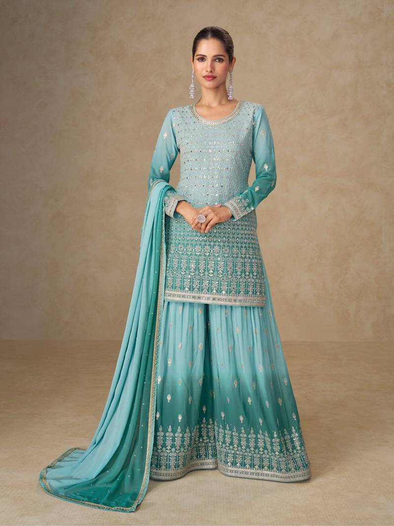 Sky blue georgette embroidered sequins mirror work palazzo suit