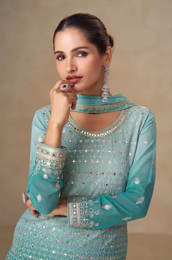 Sky blue georgette embroidered sequins mirror work palazzo suit