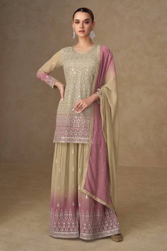 Light yellow georgette embroidered sequins mirror work palazzo suit