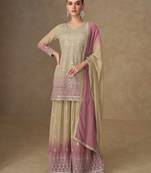 Light yellow georgette embroidered sequins mirror work palazzo suit
