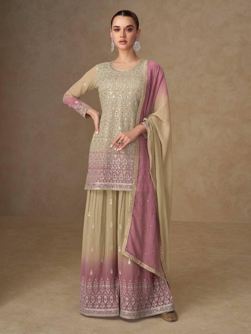 Light yellow georgette embroidered sequins mirror work palazzo suit