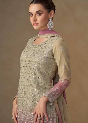 Light yellow georgette embroidered sequins mirror work palazzo suit 2
