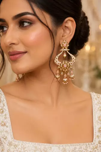 Floral Meenakari Polki Chand Earrings