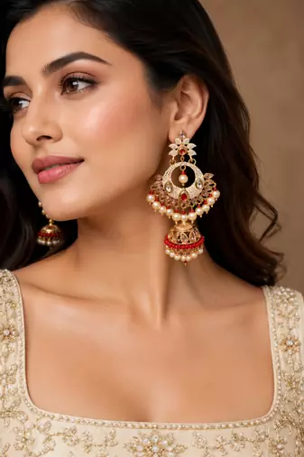 Pearl meenakari kundan jhumki earrings