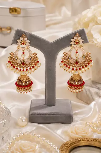 Pearl meenakari kundan jhumki earrings