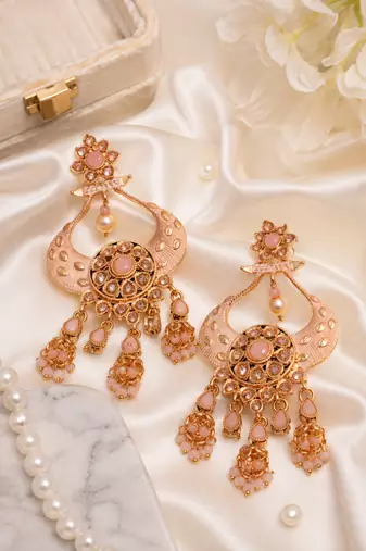 Floral Meenakari Polki Chand Earrings