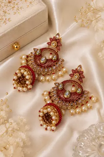 Floral Meenakari Kundan Jhumki Earrings