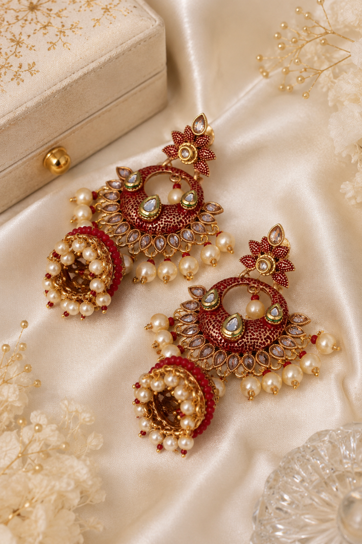 Floral Meenakari Kundan Jhumki Earrings