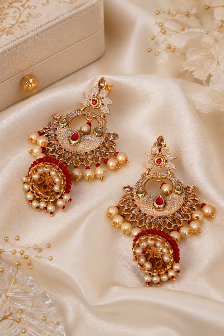 Pearl meenakari kundan jhumki earrings