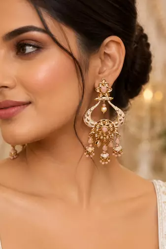 Floral Meenakari Polki Chand Earrings