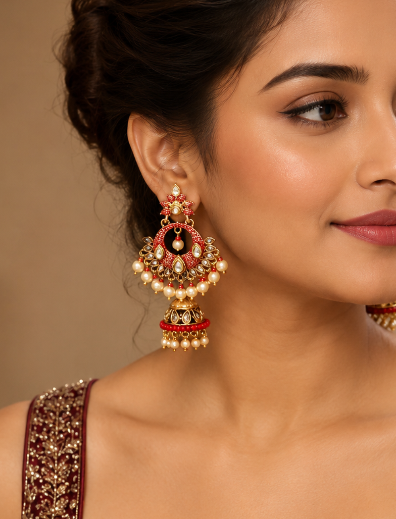 Floral Meenakari Kundan Jhumki Earrings
