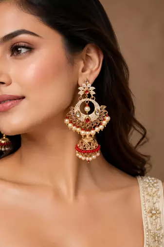 Pearl meenakari kundan jhumki earrings