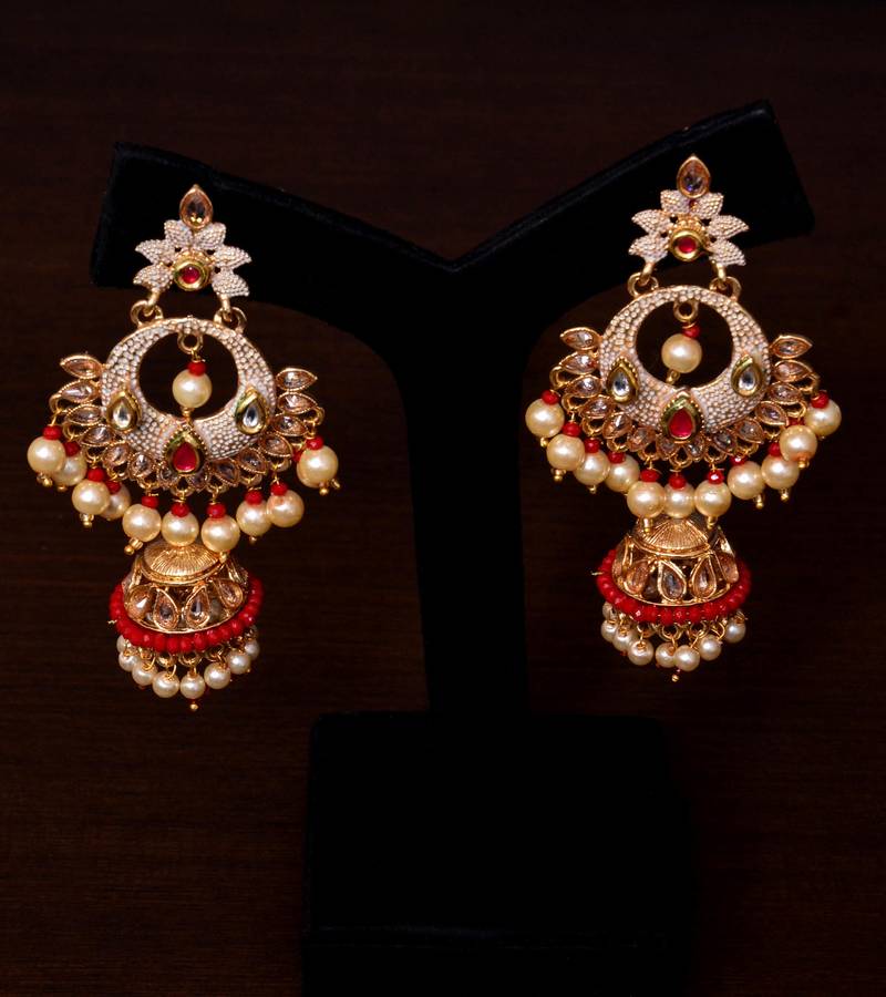 Pearl meenakari kundan jhumki earrings