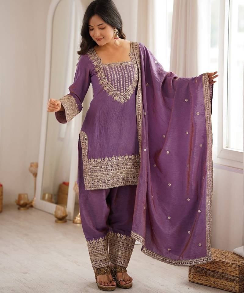 Lavender color  vichitra silk embroidered farshi suit set