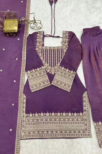 Lavender color  vichitra silk embroidered farshi suit set