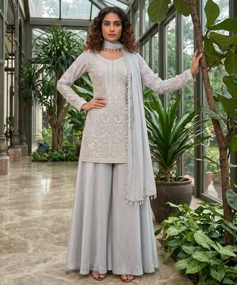 Grey premium chinon beads work palazzo suit set with dupatta 1
