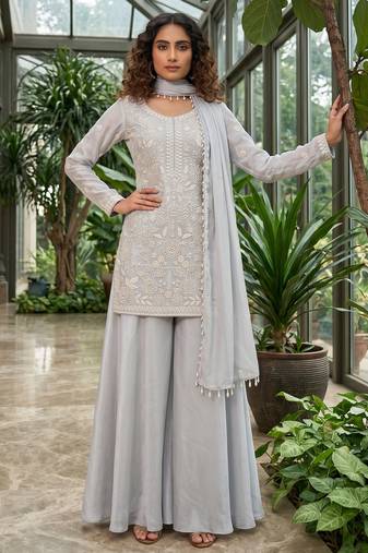 Grey premium chinon beads work palazzo suit set with dupatta