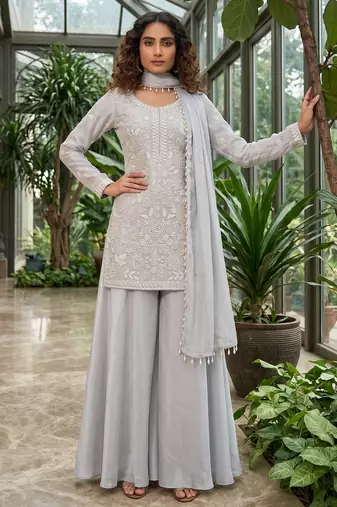 Grey premium chinon beads work palazzo suit set with dupatta