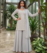 Grey premium chinon beads work palazzo suit set with dupatta
