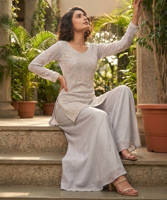 Grey premium chinon beads work palazzo suit set with dupatta 2