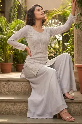 Grey premium chinon beads work palazzo suit set with dupatta