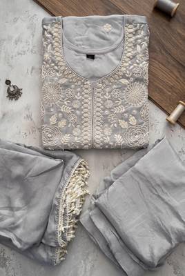 Grey premium chinon beads work palazzo suit set with dupatta 3