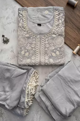 Grey premium chinon beads work palazzo suit set with dupatta