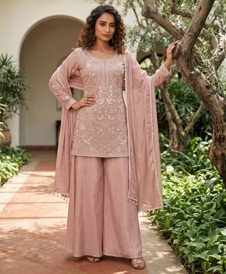 Pink premium chinon beads work palazzo suit set with dupatta 1