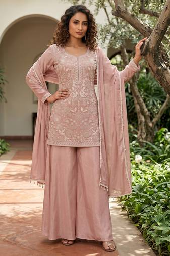 Pink premium chinon beads work palazzo suit set with dupatta
