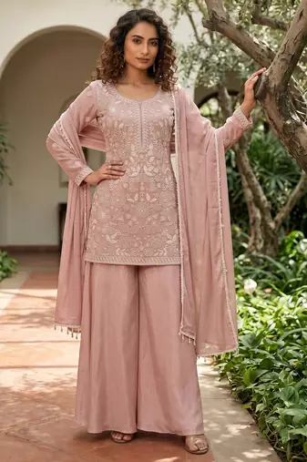 Pink premium chinon beads work palazzo suit set with dupatta