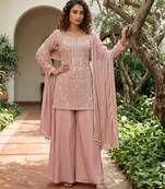 Pink premium chinon beads work palazzo suit set with dupatta