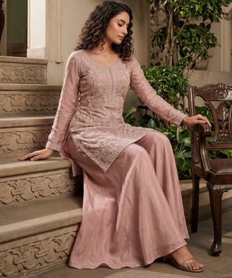 Pink premium chinon beads work palazzo suit set with dupatta 2