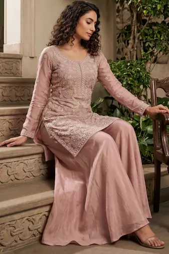 Pink premium chinon beads work palazzo suit set with dupatta