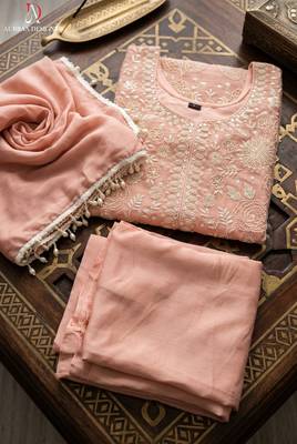Pink premium chinon beads work palazzo suit set with dupatta 3