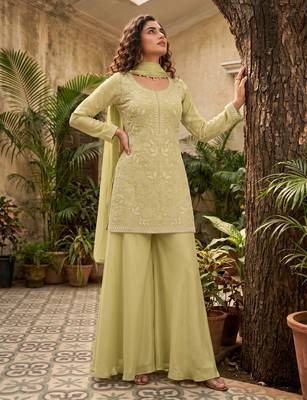 Green premium chinon beads work palazzo suit set with dupatta 1