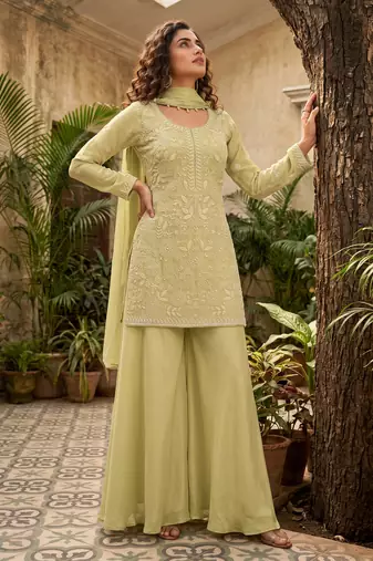 Green premium chinon beads work palazzo suit set with dupatta
