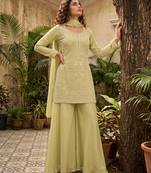 Green premium chinon beads work palazzo suit set with dupatta