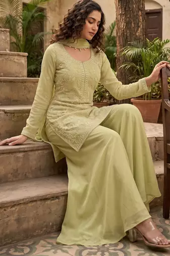 Green premium chinon beads work palazzo suit set with dupatta