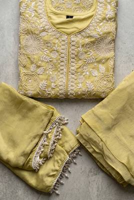 Green premium chinon beads work palazzo suit set with dupatta 3