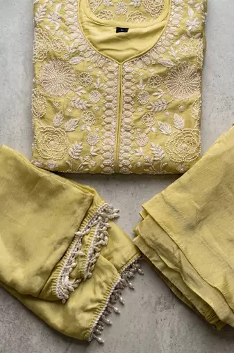 Green premium chinon beads work palazzo suit set with dupatta