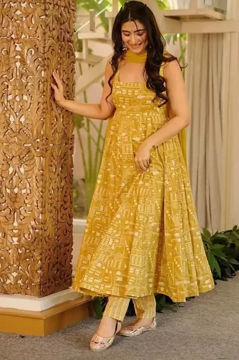 Yellow muslin digital print anarkali suit set with dupatta