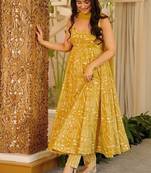 Yellow muslin digital print anarkali suit set with dupatta