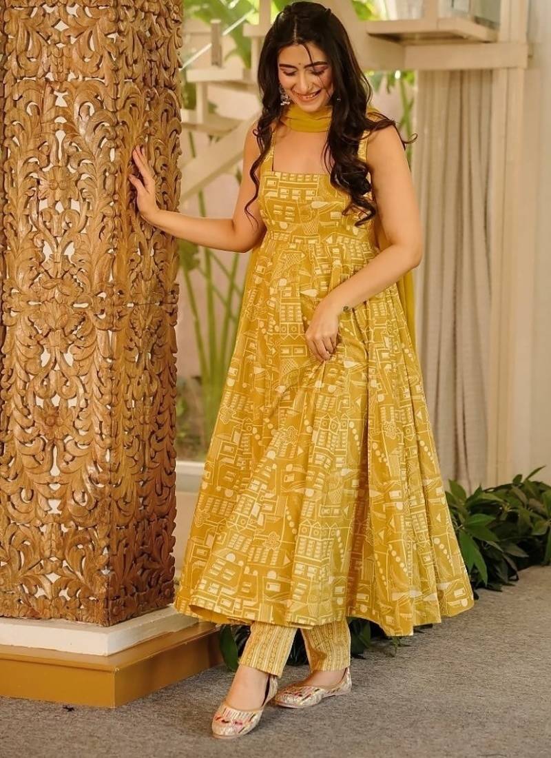 Yellow muslin digital print anarkali suit set with dupatta