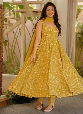 Yellow muslin digital print anarkali suit set with dupatta 2