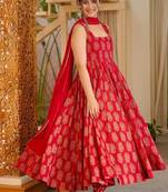 Red muslin digital print anarkali suit set with dupatta