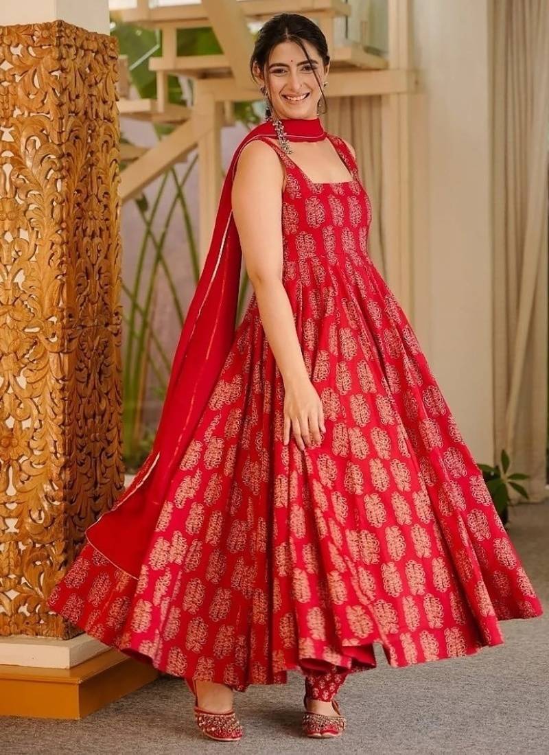 Red muslin digital print anarkali suit set with dupatta