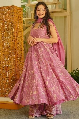 Pink muslin digital print anarkali suit set with dupatta