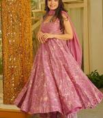 Pink muslin digital print anarkali suit set with dupatta