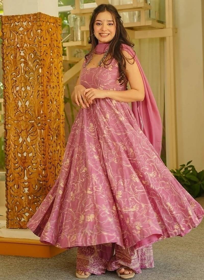 Pink muslin digital print anarkali suit set with dupatta